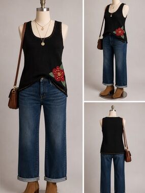 Alannah Hill Black Knit V-Neck Tank with Red Floral Appliqué